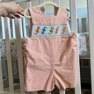Anavini Jon Jon baby boy smocked lizards gingham overalls romper embroidered